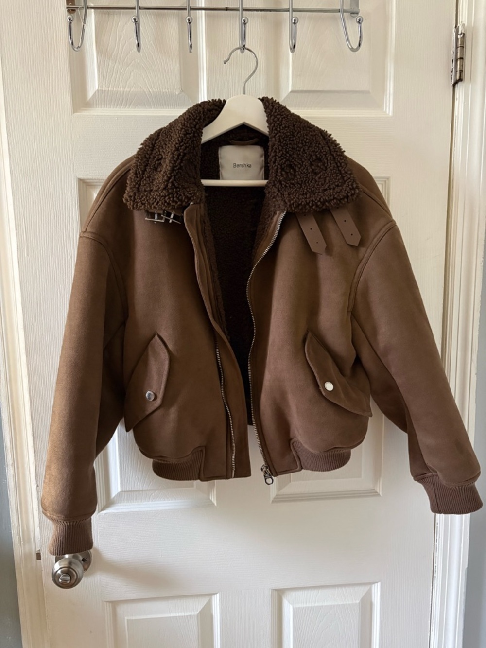 Bershka Chestnut Brown Faux-Suede Sherpa Bomber
